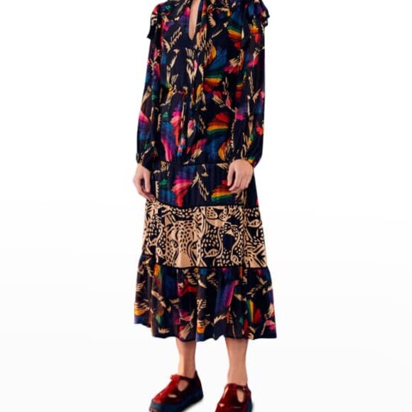 Farm Rio Black Macaws Flight Maxi Dress Tie Neck Leopard Tiered Animal Print XS - Picture 2 of 10